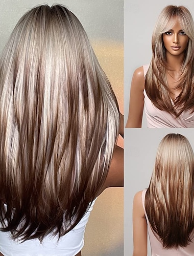  perruques longues et droites pour femmes blanches avec des cheveux à frange