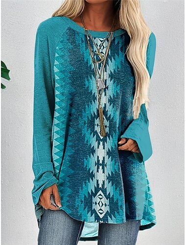  dames t-shirt vintage casual print lange mouwen lange tops ronde hals dagelijks blauw lente&amp;  val