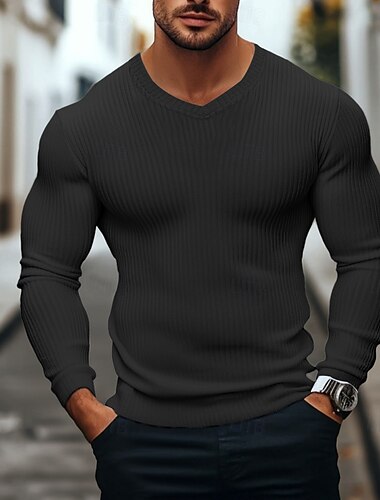  Per uomo Maglietta Maglietta a Maglia a Coste Manica Lunga Scollo a V Estate Semplice Striscia di Fossa Moda Designer Essenziale A coste Vacanza Streetwear Uscire Nero Bianco Borgogna Maglietta Top