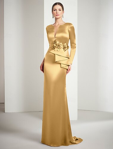  robe de soirée fourreau / colonne en or champagne robe élégante longueur au sol manches longues col bijou satin avec appliques 2025