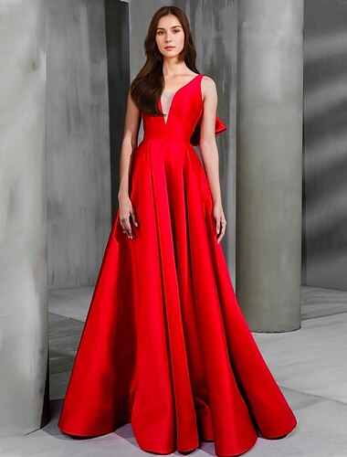  Vestido de noche elegante de corte A con lazo negro, rojo, verde, formal, largo hasta el suelo, sin mangas, escote en V, satén con lazo(s), 2025