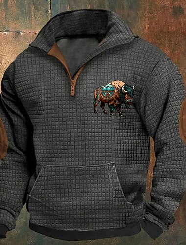  Per uomo Maglia Felpa a nido d'ape Felpa con zip corta Nero Blu marino Cachi Grigio scuro Grigio Mezza zip Grafico Mucca Stampa Patchwork Tasca Frontale Zip a un quarto Quotidiano Ferie Uscire