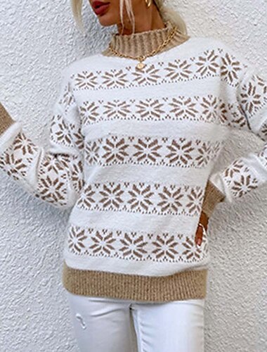  Damen Strickpullover mit Schneeflockenmuster, Stehkragen, lange Ärmel, gerippte Struktur, weiß, hellblau, Winter, festlich, Urlaub, normale Passform, Kleidung