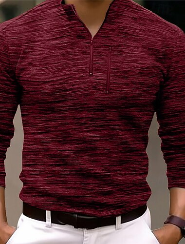  Herren Sport-Polo Poloshirt mit Viertelreißverschluss Strasse Urlaub Viertel Postleitzahl Langarm Modisch Basic Feste Farbe Tasche Frühling & Herbst Regular Fit Burgunderrot Grün Hell Gray Kaffee