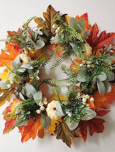  Herbstdeko - 45 cm Herbstkränze für die Haustür - Herbstkranz aus künstlichen Kürbissen, Eukalyptus und Ahornblättern - rustikale Herbst-Erntedankdekorationen für den Kaminsims im Freien zu Hause, am