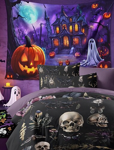  Bettbezug-Set im dunklen Halloween-Stil – unheimliches und mysteriöses Design – enthält Bettbezug und Kissenbezüge – weicher und strapazierfähiger Stoff