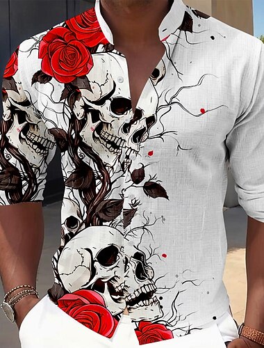  Rose Crânes Horreur Sombre Homme Chemise boutonnée manche longue Soirée du quotidien Vacances Eté Printemps & Automne Col Mao collier grand-père Impression 3D Fin Rose Dragée+Noir Violet Rouge Bleu