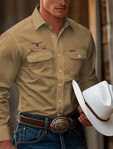  Herren Kuh Hemd Westernhemd Cargo-Shirt Langarm Brautkleider schlicht Taktisch Sport & Natur Ausgehen Winter Frühling & Herbst Umlegekragen Bedruckt Schwarz Weiß Khaki