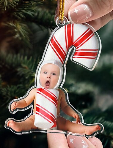  Gepersonaliseerde Foto Kerstornamenten Acryl 2D Aangepaste Pepermunt Candy Cane Babyface Candy Kerstboom Ornamenten Xmas Decoratie Hangende Hanger Geschenken