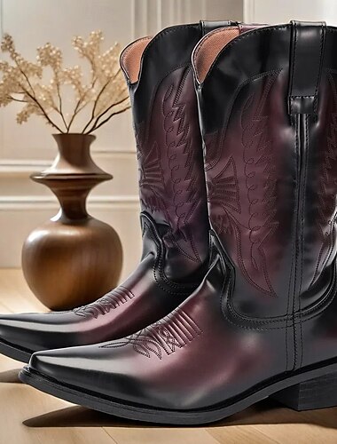  Botas vaqueras de piel sintética para hombre en color negro y burdeos con diseño bordado: botas vaqueras clásicas para rodeo y uso al aire libre