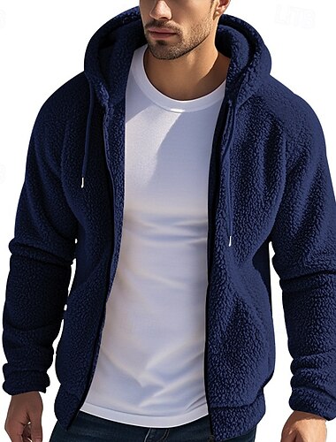  Men's Fleece Jacket Teddy Coat Hoodie Jacket Daily Vacation Thermal Warm Pocket Fleece Fall & Winter Plain Fashion Streetwear Hooded Regular Black Navy Blue Khaki Gray Jacket