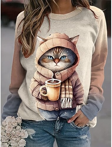  Sudadera de mujer con estampado de gato para uso diario, informal, cuello redondo, manga larga, microelástica, otoño e invierno, cómoda, transpirable, tejido suave