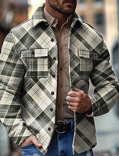  Herren Plaid Geometrische Muster Cowboy Hemdjacke Overshirt Langarm Vintage Brautkleider schlicht Freizeitskleidung Ausgehen Herbst Winter Hemden mit Kragen Knopf 3D-Druck 2 Taschen Dunkelgrün