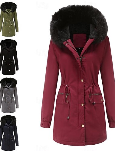  Damen Wintermantel Windundurchlässig warm halten Zip Knopf Outdoor Feste Farbe Arbeit Casual Einreihiger Verschluss Kapuzenpullover Lockere Passform Langarm Oberbekleidung Marineblau Rote Grün Winter