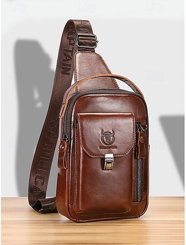  Umhängetasche aus braunem Leder für Herren mit mehreren Fächern und verstellbarem Riemen, ideal für Reisen und den täglichen Gebrauch