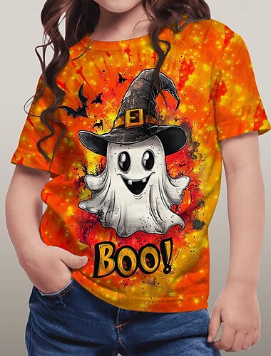  ハロウィーン 女の子 3D グラフィック ゴースト Tシャツ Ｔシャツ 半袖 夏 春 ファッション ベーシック ポリエステル 子供 4〜12年 クルーネック アウトドア カジュアル 日常 レギュラー