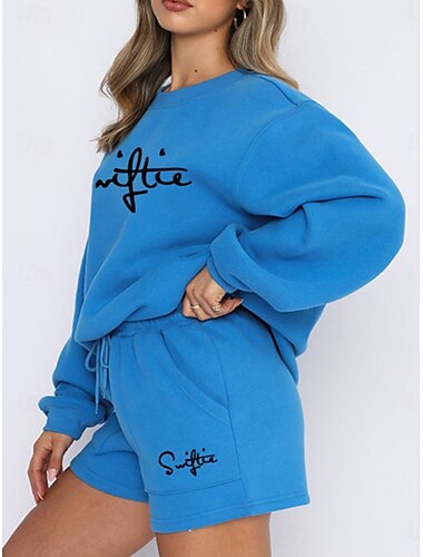 Damen Modisch Strassenmode Täglich Pullover Sweatshorts Kurze Hose Langarm Rundhalsausschnitt Glatt Kordelzug Bedruckt Casual Täglich Schwarz Weiß Blau Herbst Regular Fit