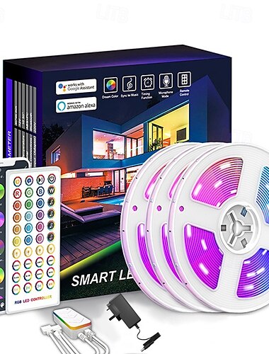  RGB-Lichtstreifen, Tuya WiFi Smart 5050, Bluetooth, Sprachmusiksteuerung, 40 Tasten, Fernbedienung, App-Steuerung, Alexa für Wohnzimmer, Schlafzimmer, Dekoration, 5 m/10 m/15 m/20 m