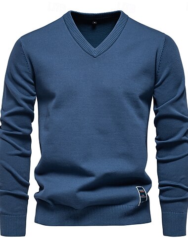  Herrenpullover mit V-Ausschnitt aus massiver Baumwolle, langärmelig, lässig, leger, gestrickt