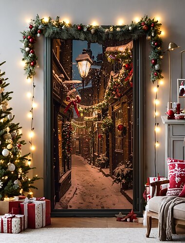  juledørdekorasjoner dørdeksler julemotor nissedør billedvev dørgardindekorasjon bakteppe dørbanner til inngangsdør gårdshus ferie festdekor innendørs/utendørs