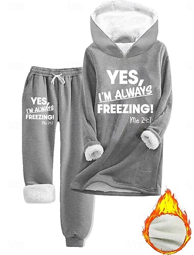  Damen 2-teiliges Loungewear-Set Hoodie und Jogginghose lässig kaltes Wetter Satzdruck mit Fleecefutter bequeme Passform Winter
