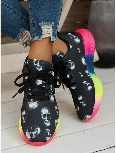  Damen-Sneaker mit Totenkopf-Print und Regenbogen-Sohlen – auffällige Gothic-Schnürschuhe, perfekt für Halloween, Streetstyle und Freizeitkleidung