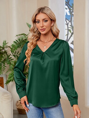  Damen Bluse stilvoll modern Langarm normale Oberteile V-Ausschnitt Party Arbeit schwarz rot grün khaki Herbst Winter