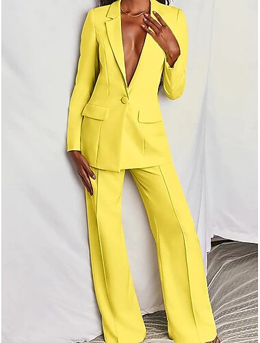  Femme Elégant Mode Grande occasion Ensembles de pantalons Pantalon large manche longue Revers Cranté Couleur unie Formel Travail Noir Jaune Rose Claire Printemps Standard
