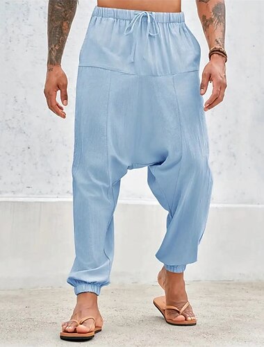  Herr Bomullsbyxor Långbyxor Sommarbyxor Strandbyxor Harem byxor Ficka Snörning Elastisk midja Slät Komfort Andningsfunktion Dagligen Helgdag Semester Hawaiisk Boho ArmyGreen Vit