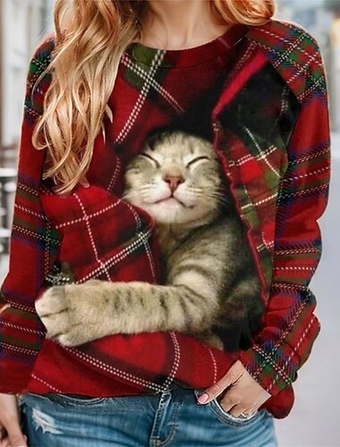  Sudadera de mujer con estampado de gato a cuadros para uso diario, informal, cuello redondo, manga larga, microelástica, otoño e invierno, cómoda, transpirable, tejido suave