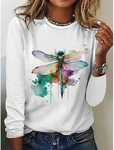  T-shirt tunique pour femmes 100 % coton mode décontracté impression manches longues tops réguliers col ras du cou quotidien blanc printemps automne