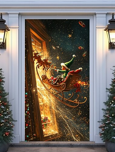  kerstdeurdecoraties deurbekleding kerstvreugde elf deur wandtapijt deurgordijn decoratie achtergrond binnen/buiten deurbanner voor voordeur boerderij kerstvakantie feestdecoratie benodigdheden
