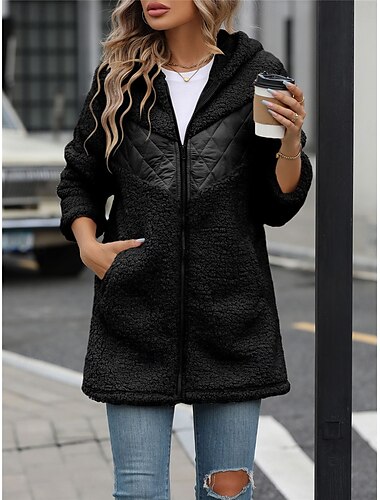  Damen Fleecejacke Teddy-Mantel Hoodie Jacke warm halten Atmungsaktiv Zip Tasche Innenfutter aus Fleece Brautkleider schlicht Glatt Urlaub Strasse Freizeitskleidung Ausgehen Reisverschluss Standard
