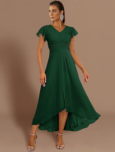  A-Lijn Bruidsgast Jurken Elegante Jurk Semi Formeel Vloerlengte Korte Mouw V-Hals Chiffon Met Gerimpeld 2025