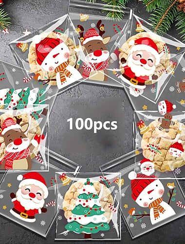  100ks sáčků na vánoční pamlsky - samotěsnící jednorázové opp cukroví  & sáčky na sušenky se svátečními kreslenými vzory pro sváteční dárek opp samolepicí sáček vánoční cukroví sušenky obal na jídlo