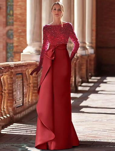 Vestido de noche elegante de satén rojo con lentejuelas, corte en A, formal, largo hasta el suelo, manga larga, cuello joya con volantes brillantes, vestido de mascarada 2025
