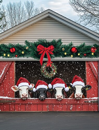  Weihnachts-Garagentorabdeckung für den Außenbereich, Weihnachtsbanner mit Hochlandrindern, große Weihnachtskulisse, Dekoration für den Urlaub, Garagentor für den Außenbereich, Wanddekoration für