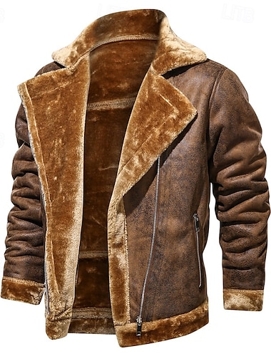  Voor heren Jas van imitatieleer Fleecejack Bikerjack Vintage leren jas Vakantie Dagelijks Winddicht Houd Warm Zak Herfst winter Effen Modieus Klassiek Revers Normaal Imitatieleer Zwart Bruin Grijs
