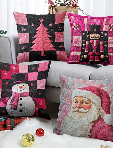  ピンクのクリスマス枕、クリスマスデコレーション、装飾用クッション、1個入り、キルティングくるみ割り人形、柔らかい正方形クッションケース、寝室、リビングルーム、ソファ、カウチ、椅子用枕カバー