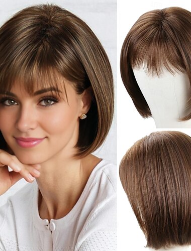  perruques courtes brunes pour femmes perruque synthétique blonde mélangée brune avec frange perruque de fête quotidienne d'aspect naturel