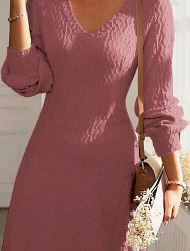  Damen Arbeitskleidung schwarzes kleid Modisch Arbeitsmode Midikleid Design V Ausschnitt Langarm Glatt Regular Fit Schwarz Rosa Beige Herbst Winter S M L XL 2XL