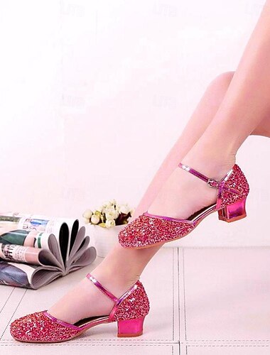  Tanzschuhe für Mädchen in Goldglitzer – niedriger Blockabsatz, Mary-Jane-Riemchendesign, perfekt für Standard-, lateinamerikanische und Party-Auftritte