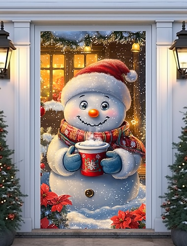  クリスマスドアデコレーション、ドアカバー、クリスマススノーマン、ホットチョコレート、ドアタペストリー、ドアカーテン、装飾背景、屋内/屋外用ドアバナー、玄関ドア用、農家のホリデーパーティー装飾用品