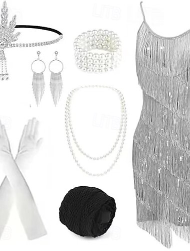  Années Folles Années 1920 Robe de cocktail Mi-long Robe Charleston Robe Tenues Gatsby le Magnifique Charleston Invité au mariage Paillettes Frange à pompons Plume Femmes Nouvel An Mascarade Tenue de