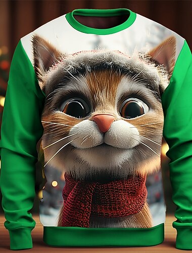  Jul Herre Katt 3D-utskrift 3D Gensere Genser Genser Langermet Genser Crew-hals 3D Morsom 3D-utskrift Jul Feriereise Fest Crewneck 3D-utskrift 3D Vinter Vår & Vinter