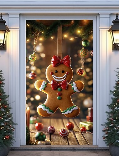  زينة باب عيد الميلاد أغطية الأبواب عيد الميلاد خبز الزنجبيل باب متأرجح نسيج ستارة الباب ديكور خلفية لافتة باب داخلي / خارجي للباب الأمامي مزرعة عيد الميلاد عطلة لوازم ديكور الحفلات