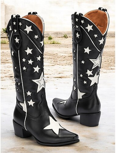  Schwarze Western-Cowboystiefel mit Sternenmuster für Damen und weißen Kontrastverzierungen – stilvolle Stiefel aus Kunstleder für Rodeo, Country und Freizeit