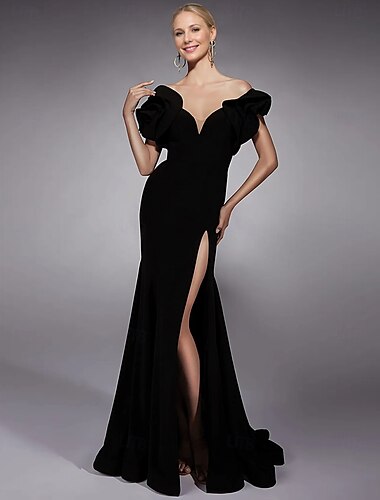  robe de soirée trapèze à cravate noire robe formelle élégante longueur au sol robe d'invité de mariage d'automne à manches courtes col en V poche crêpe extensible avec fente robe de mascarade 2025