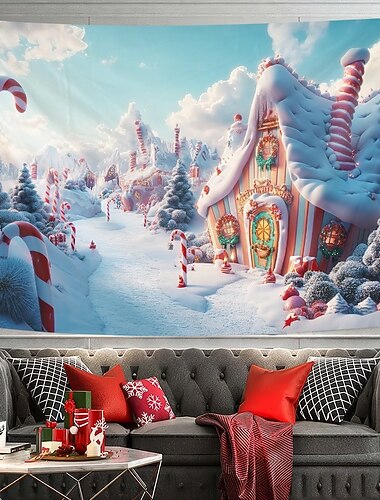  クリスマス デコレーション 吊り下げタペストリー 壁アート クリスマス キャンディケイン 大きなタペストリー 壁画 装飾 写真 背景 ブランケット カーテン 自宅 寝室 リビングルーム キャンディハウス