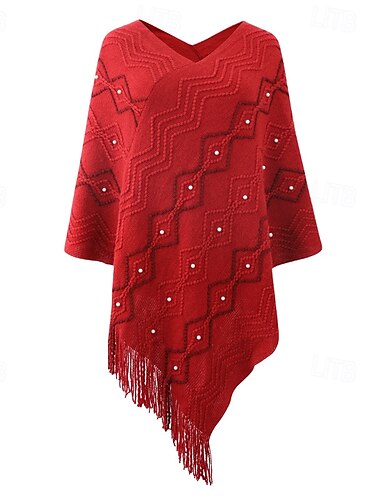  Damen Kappe Modisch Täglich Geometrisch V Ausschnitt Perlenbesetzt Quaste Ärmellos Normale Oberteile Stricken Formal Outdoor Party Weiß Rote Herbst Winter